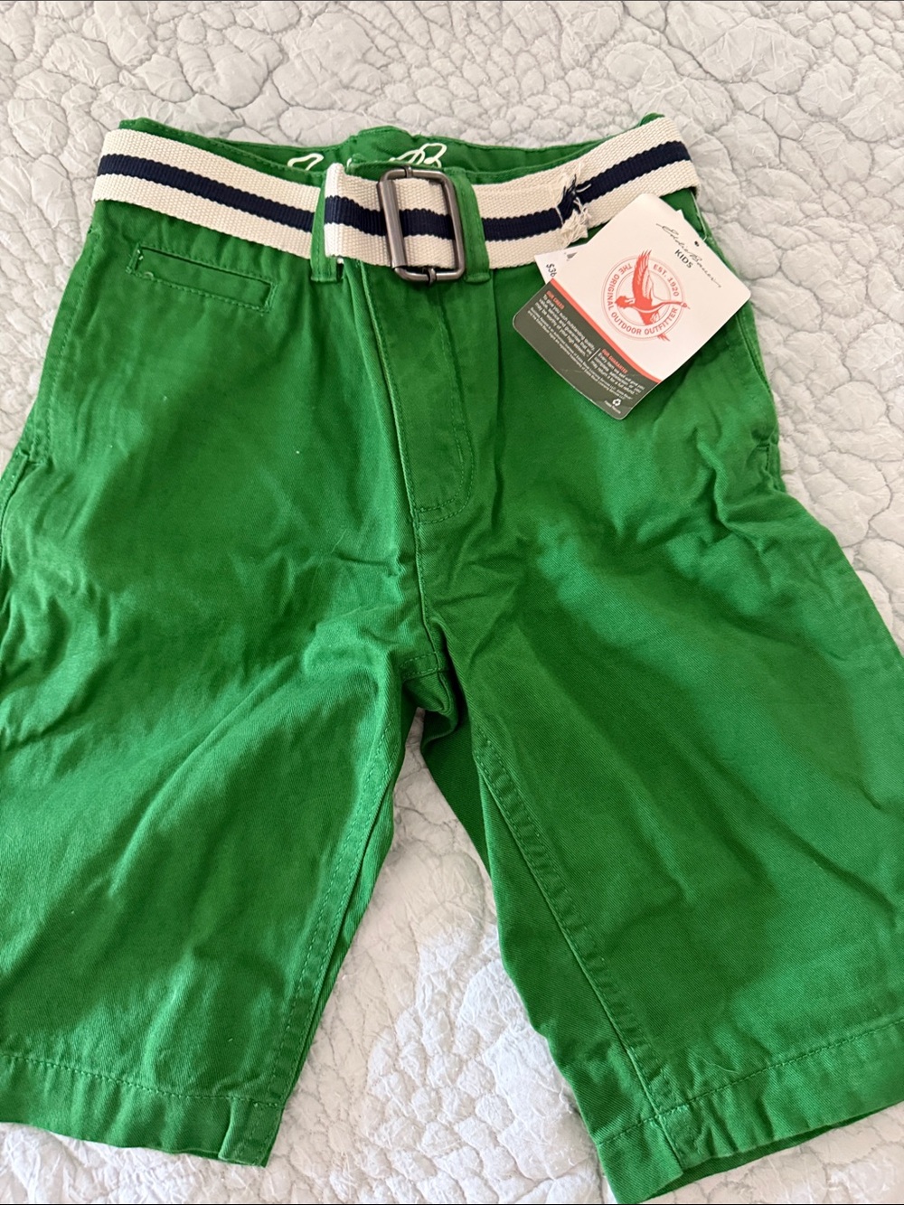 NWT Eddie Bauer Boys Bright Green Kids Shorts with Navy-Striped Belt